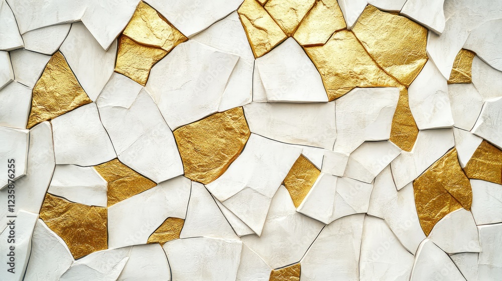 Poster abstract art featuring textured fragments with a white and gold color scheme, creating a modern eleg