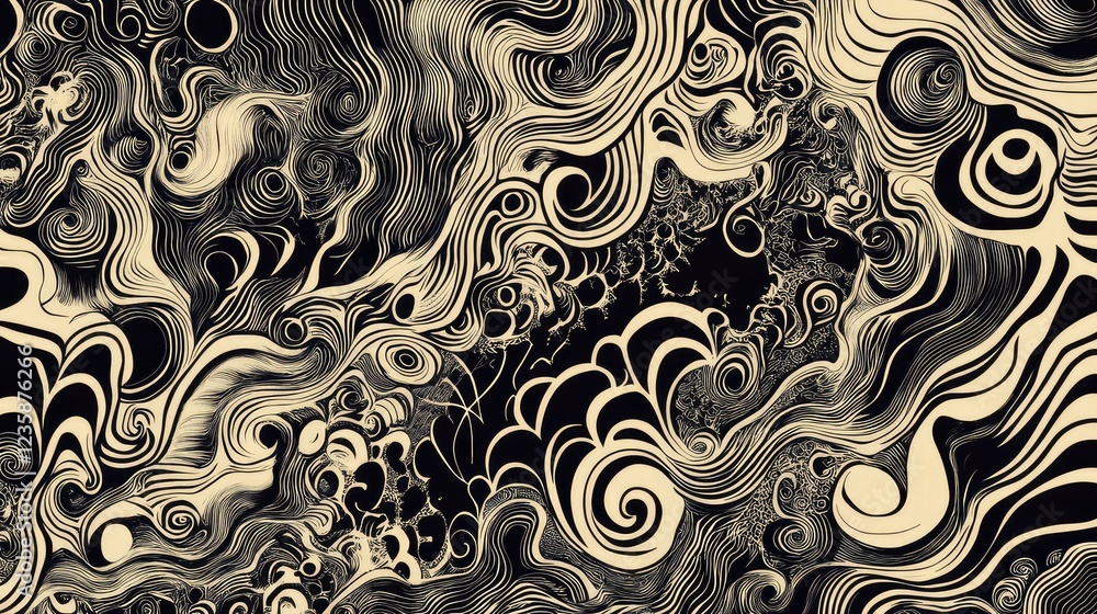 Poster abstract swirling patterns in black and cream, showcasing a dynamic interplay of lines, curves, and 