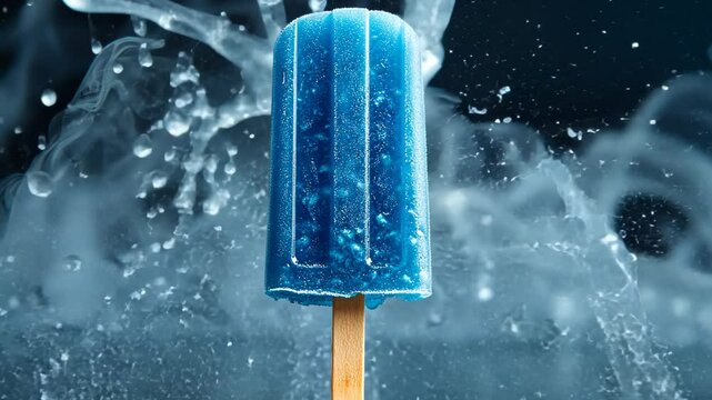 Vibrant blue popsicle splashing in water against a dark background