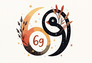 Illustration of the number 69 in the symbolic style of Yin-Yang, depicting balance and duality in life, abstract elements, reflecting harmony, cycles, 3D
