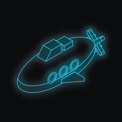 Neon submarine carrying cargo, exploring the ocean depths, glowing brightly in underwater darkness