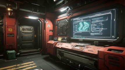 Obraz premium Futuristic Spaceship Interior Workstation Corridor