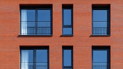 Fototapeta premium Modern Architectural Design Featuring Rectangular Windows and Textured Red Brick Facade, Showcasing Contemporary Urban Aesthetic and Clean Lines for Design Enthusiasts