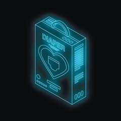 Neon blue diaper box packaging with heart symbol is glowing on black background