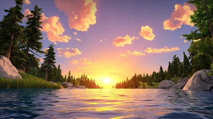 Serene Sunset Over Calm Lake Surrounded by Lush Green Forests