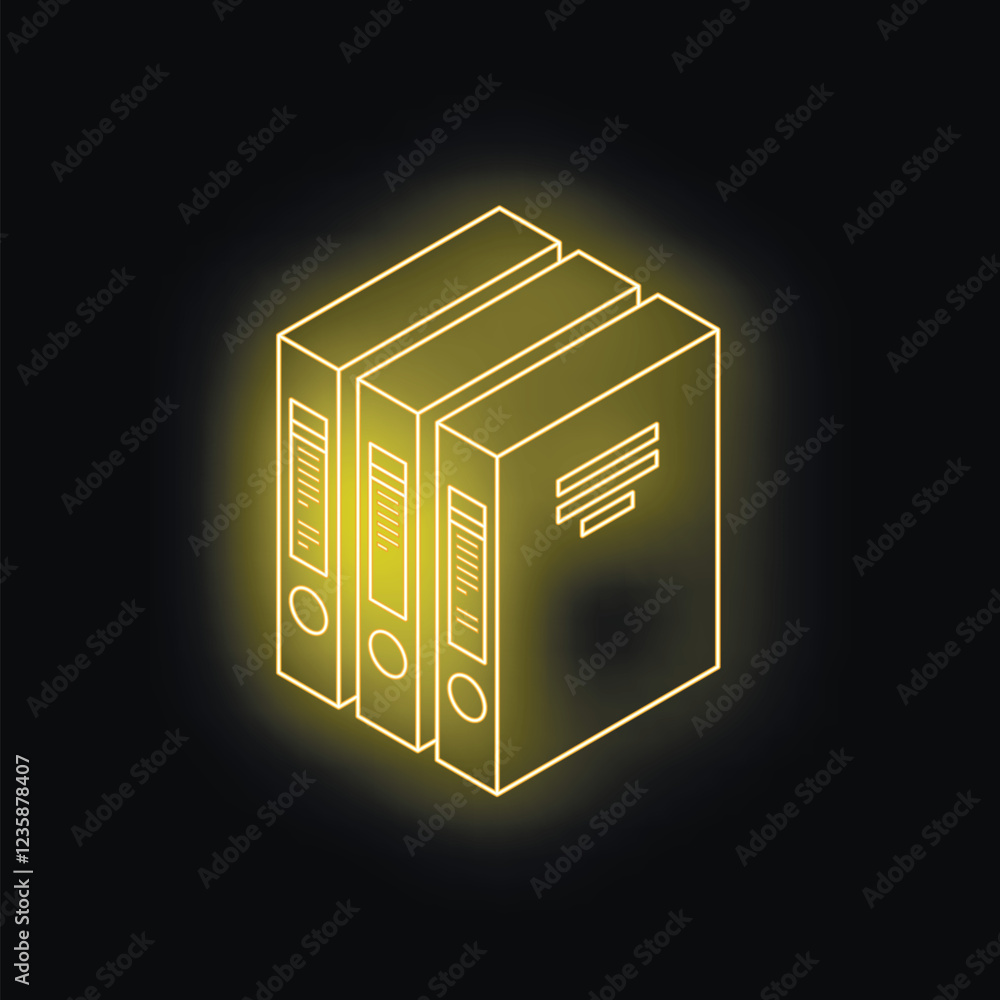 Poster glowing neon yellow office binders symbolize efficient data management and organization in a modern 