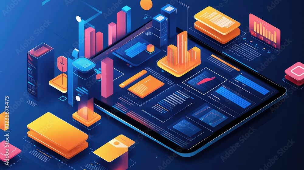 Poster colorful and modern data visualization with bar graphs, pie charts and digital elements on a tablet 