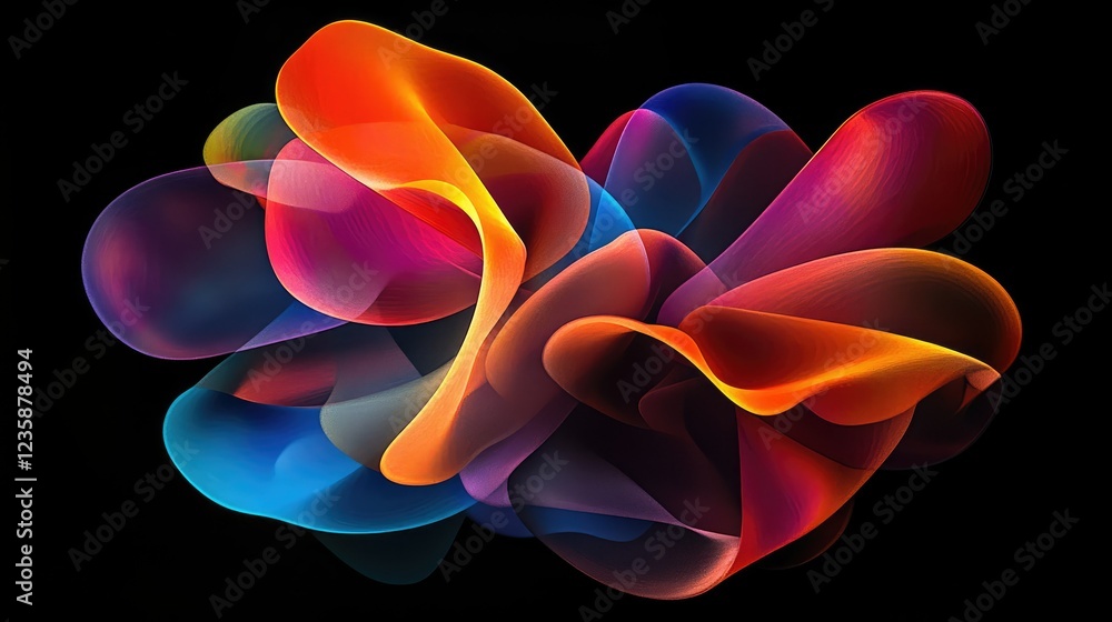Poster vibrant flowing abstract shapes with translucent waves in spectacular color gradient on a black back