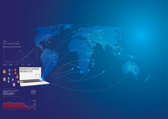 A digital world map with a laptop displaying data analysis, highlighting global connectivity and technology.