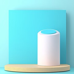 A sleek, white cylindrical device sits on a wooden platform against a vibrant teal backdrop, embodying modern design aesthetics.