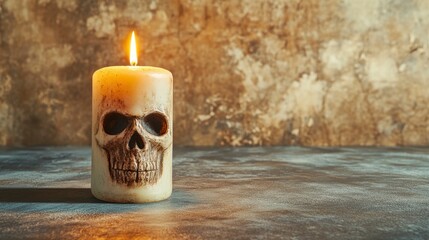 Lit Skull Candle On Dark Stone Surface