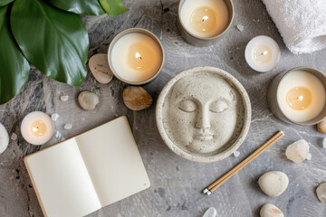 A calming spa-inspired composition featuring lit candles, a peaceful stone face sculpture, an open notebook, and natural stones on a textured grey surface, creating a serene and meditative ambiance.  