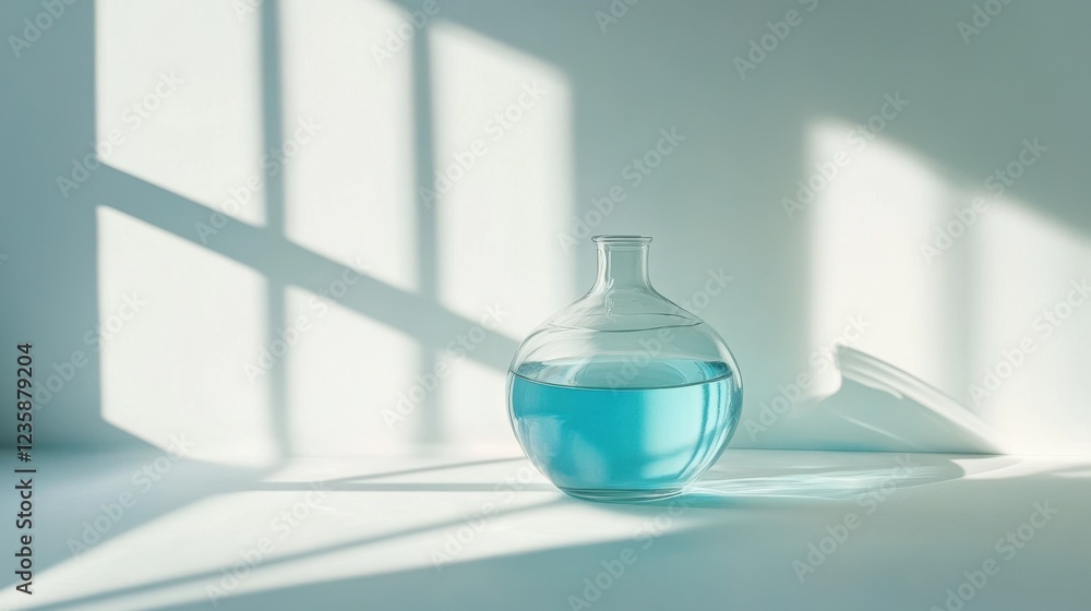 Aufkleber glass flask with blue liquid on a light surface, illuminated by soft shadows from windows