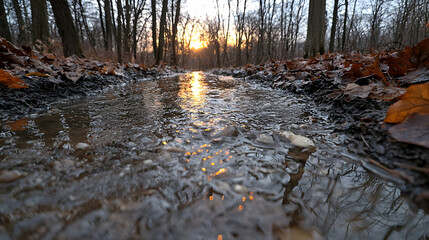 Obraz premium Muddy puddle on a forest path reflecting the golden sunset light through autumn trees.