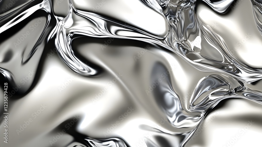 Poster Mesmerizing Metallic Abstraction Fluid Mirrored Waves in Sleek Silver Chrome a Captivating Digital Art Composition Featuring a Futuristic Otherworldly Aesthetic with Flowing