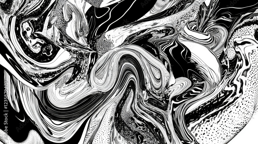 Poster abstract black and white swirling patterns and textures illustrating motion, depth, and complexity i