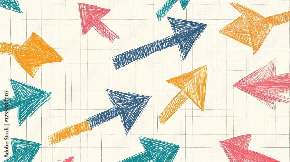 Poster colorful sketch arrows background with vibrant hand-drawn shapes representing direction and movement