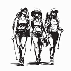 Group Of Young Woman Hiking  Image vector isolated on white background.