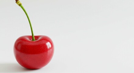 Single Red Cherry with Stem on White Background Vibrant Fruit Photography