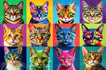Cat Breeds Pop Art Collage in Vibrant, Vivid Colors
