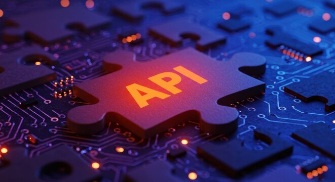 Close-up of a glowing puzzle piece labeled API on a dark circuit board background