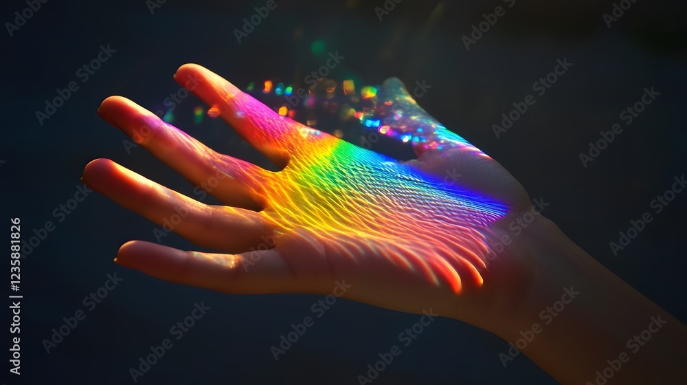 Poster mesmerizing rainbow like refraction of light shimmering and dancing across the fingers creating a ca