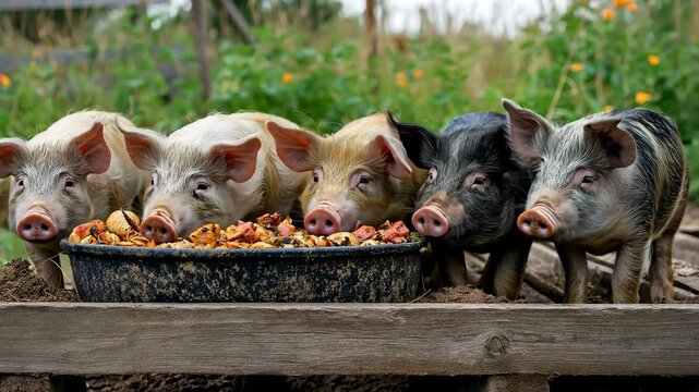 Numerous ravenous pigs are pressing around the trough, wagging their tails and gobbling their meal.