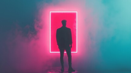 Obraz premium Dramatic Silhouette of Figure Holding a Neon Frame in Fog