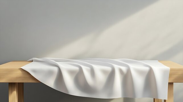 A smooth white cloth drapes over a wooden table against a plain wall, creating a minimalist scene.