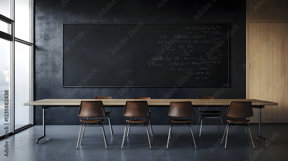 Aufkleber minimalist and modern classroom or office setting with wooden table chairs and a large blackboard wa