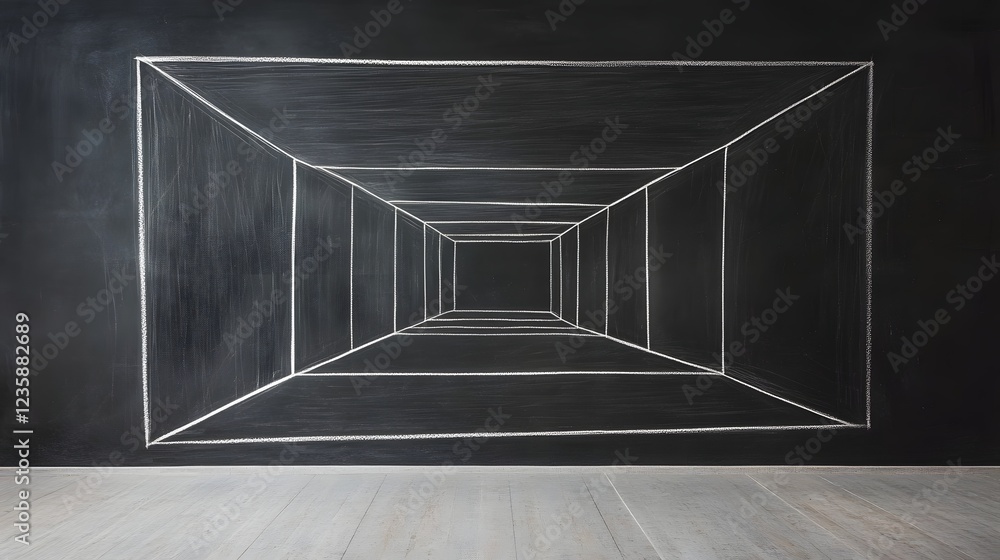 Poster minimalist architectural rendering of an abstract geometric corridor or tunnel with converging lines