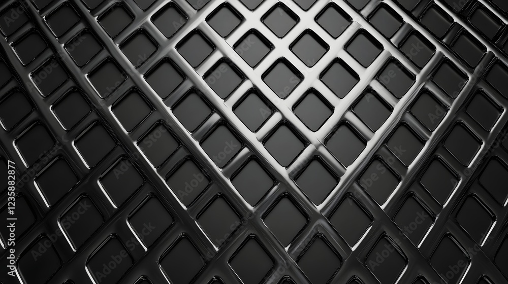 Poster Minimalist black and white abstract background featuring a geometric pattern of intersecting angular shapes interlocking lines and a repeating grid or lattice structure  The design has a stark modern