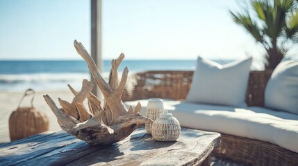 Plakat Driftwood Decor on Beachfront Patio with Ocean View