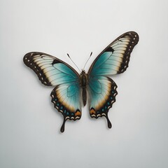 A butterfly with soft teal and gold wings floating serenely over a clean white background.