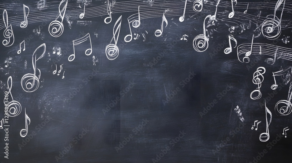 Aufkleber monochrome musical notes backdrop with chalk drawn treble clef musical symbols and patterns on a bla