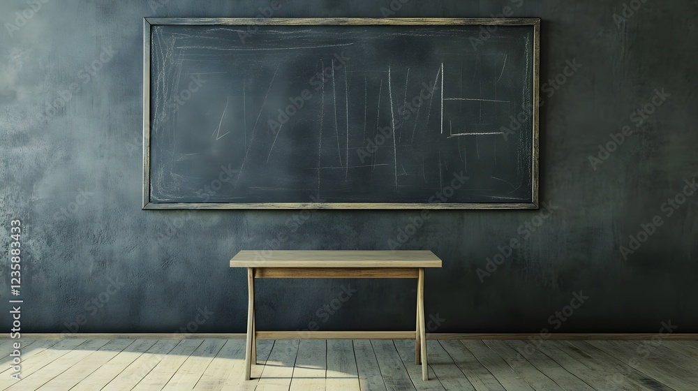Poster Moody and atmospheric image of an abandoned vintage style classroom with a weathered chalkboard a solitary desk and a minimalist industrial inspired interior design  The dark