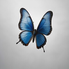 A butterfly with electric blue wings in mid-flight, soaring through a white space.
