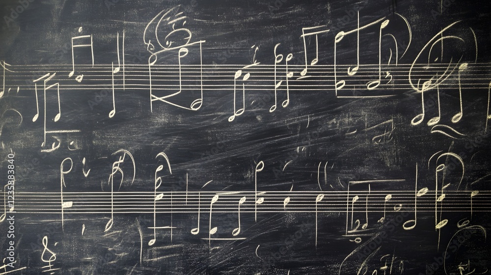 Poster musical notation displayed on a blackboard showcasing a creative melody and rhythm composition the b