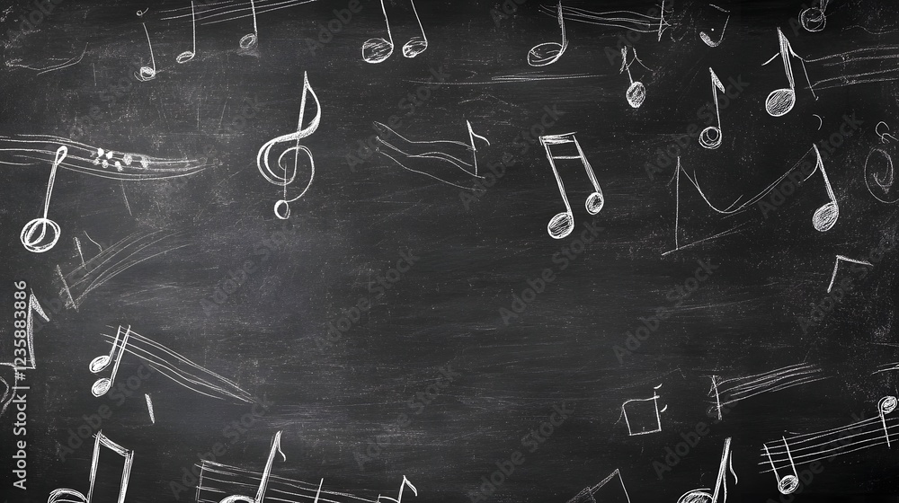 Poster musical notes symbols and elements on a chalkboard or blackboard background abstract music concept w