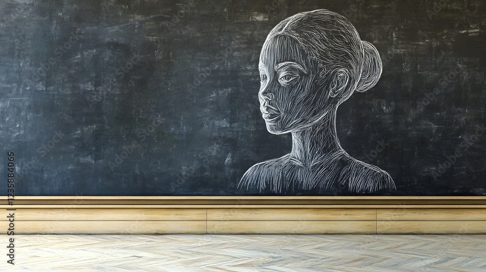 Leinwandbilder Mysterious and abstract chalkboard or blackboard in an empty classroom or school setting featuring a minimalist graphic design with retro vintage or grungy textures and patterns