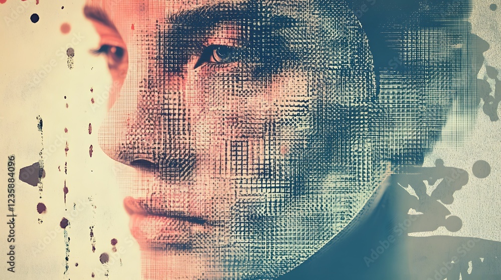 Poster mysterious and moody digital art portrait with textured surreal facial expression
