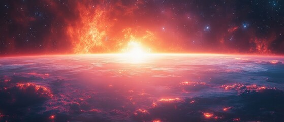 Naklejka premium Stunning celestial sunset outer space digital cosmic environment wide angle view