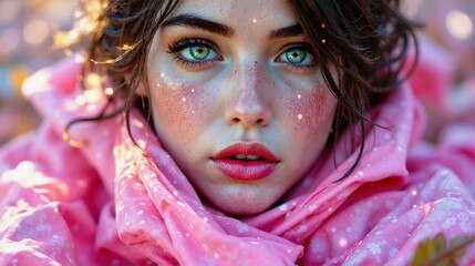 Naklejka premium A woman with green eyes and red lips is wearing a pink scarf