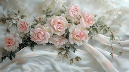 Fototapeta premium Elegant Arrangement of Soft Pink Roses on Silk Fabric with Subtle Green Leaves, Perfect for Floral Decorations and Romantic Themes in Home or Event Styling