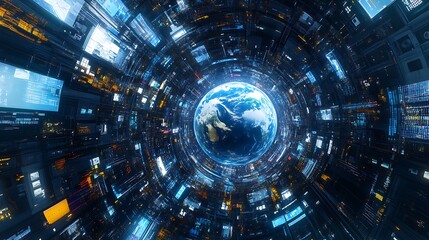 A massive high-tech representation of Earth, featuring swirling data streams, technological devices, and futuristic icons, symbolizing innovation and progress.