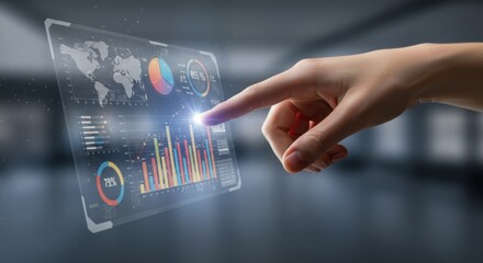 A hand interacting with a futuristic digital interface displaying graphs and data
