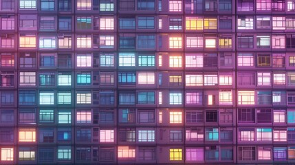 Vibrant City Skyline with Colorful Windows at Nighttime Display