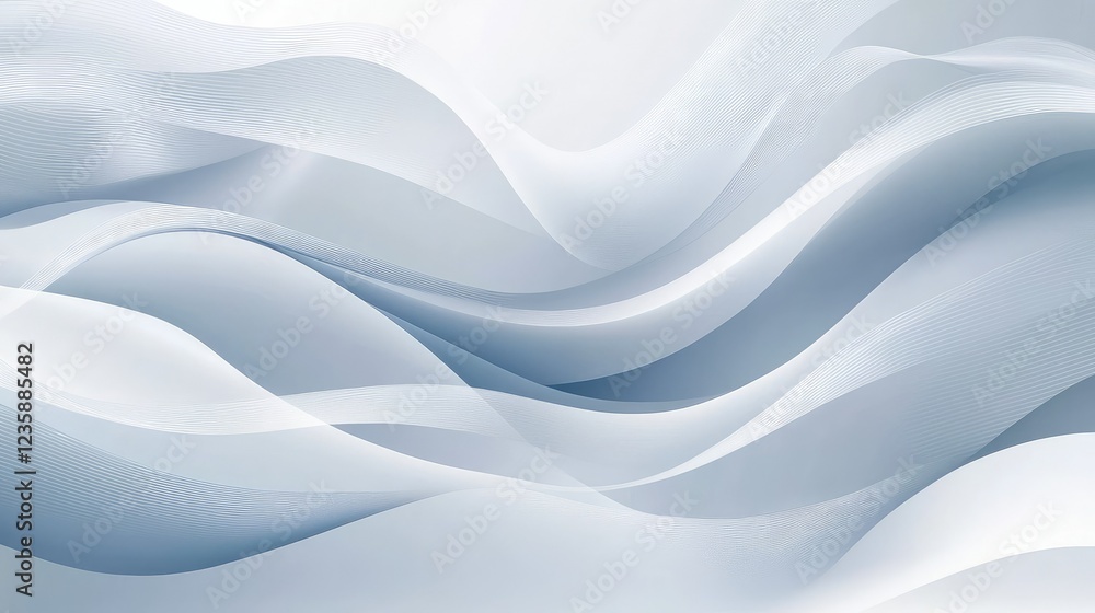 Poster soft flowing waves in a serene blue and white color palette, creating a tranquil and modern abstract