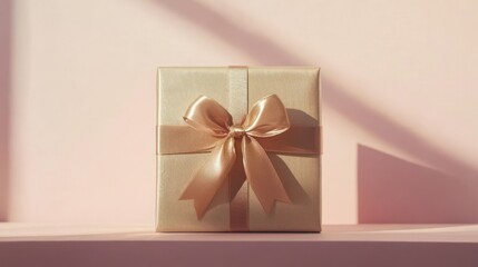 Elegant Gold Gift Box with Delicate Ribbon Bow on a Pink Background