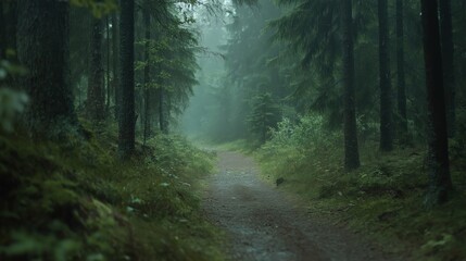 Obraz premium Rainy Forest Path, Misty Green Nature Scene